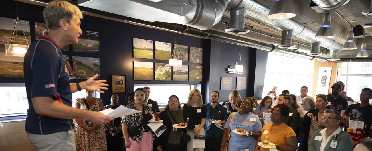 R.T. Rybak speaks to the gathering at Target Field 